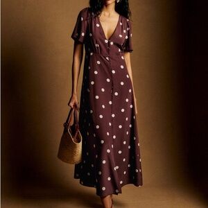 Sezane Polka Dot Maxi Button Dress - Brown